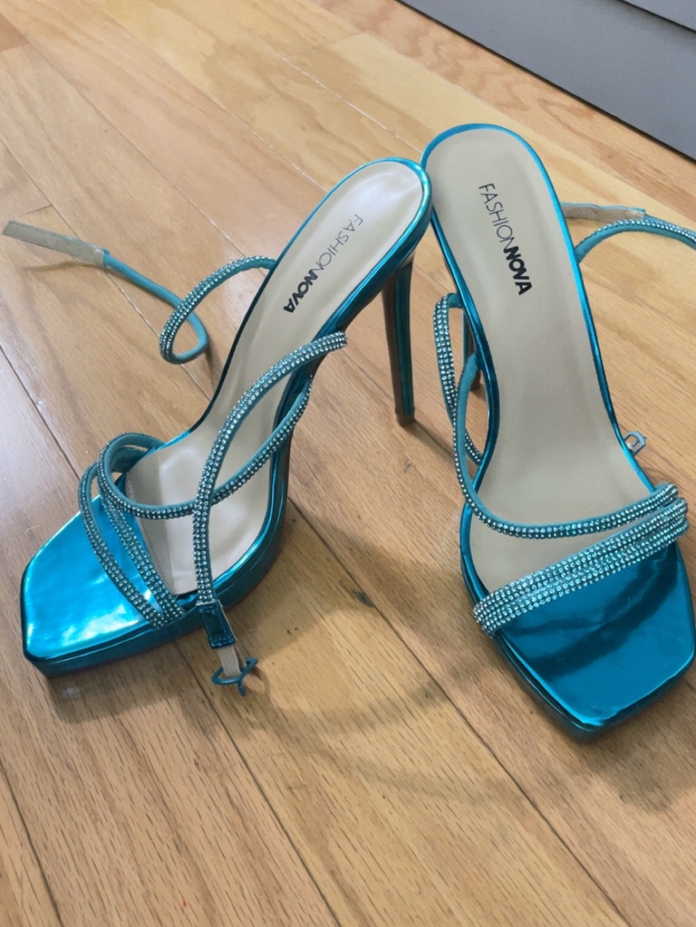 Fashion Nova Turquoise Rhinestone Strappy Stiletto Sandals